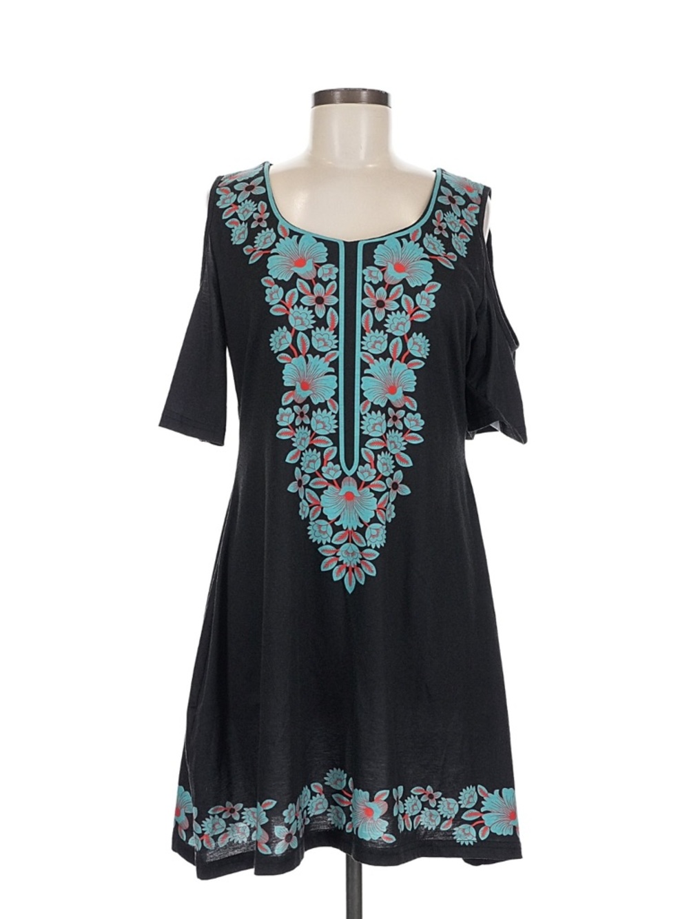 MISSLOOK Black Cold-Shoulder Embroidered Midi Dress with Teal and Coral Accents